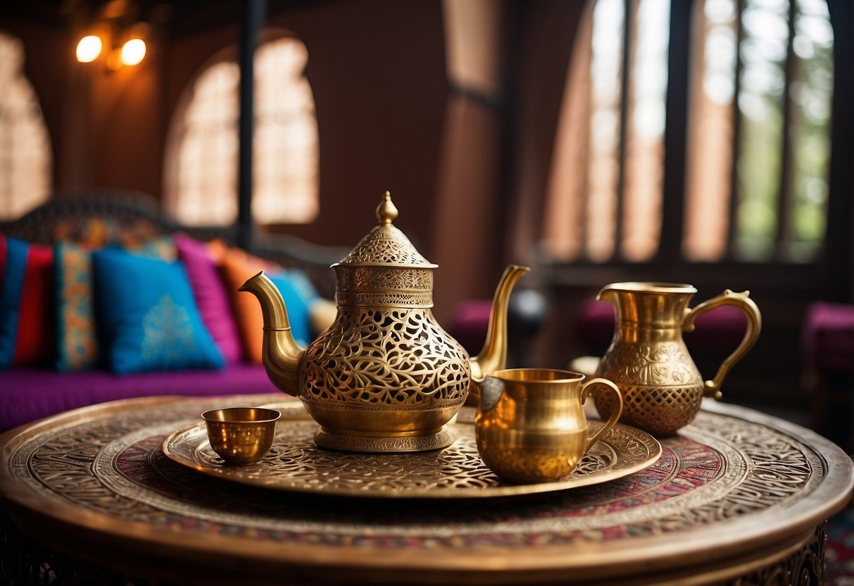 A traditional majlis with low wooden seating, colorful cushions, and ornate rugs. A brass coffee pot and dates on a tray. Windows with intricate lattice screens