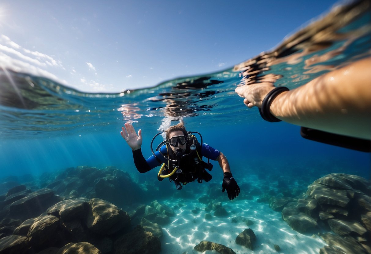 A diver's hand reaching for a HydraPak Full Force 5 hydration system attached to their diving gear, surrounded by clear blue ocean water