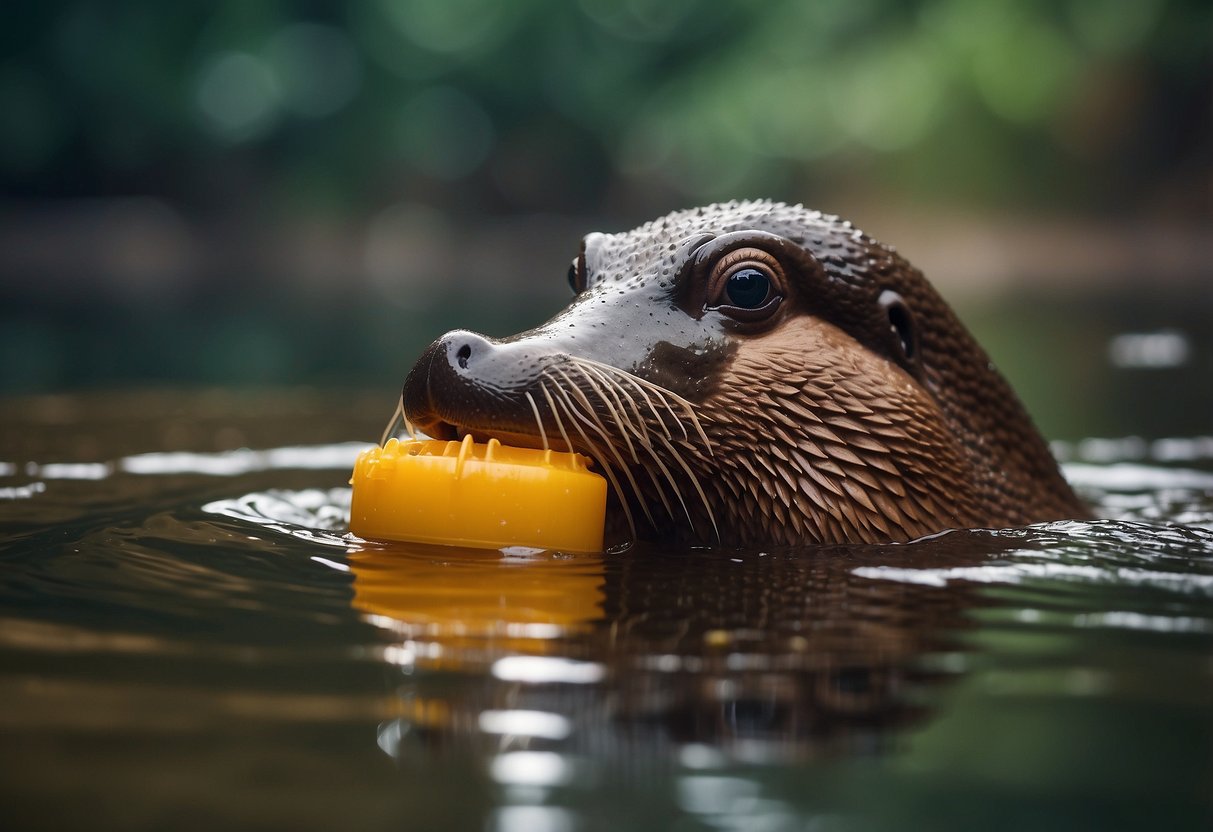 A platypus with a Big Zip LP 5 hydration system attached, diving underwater