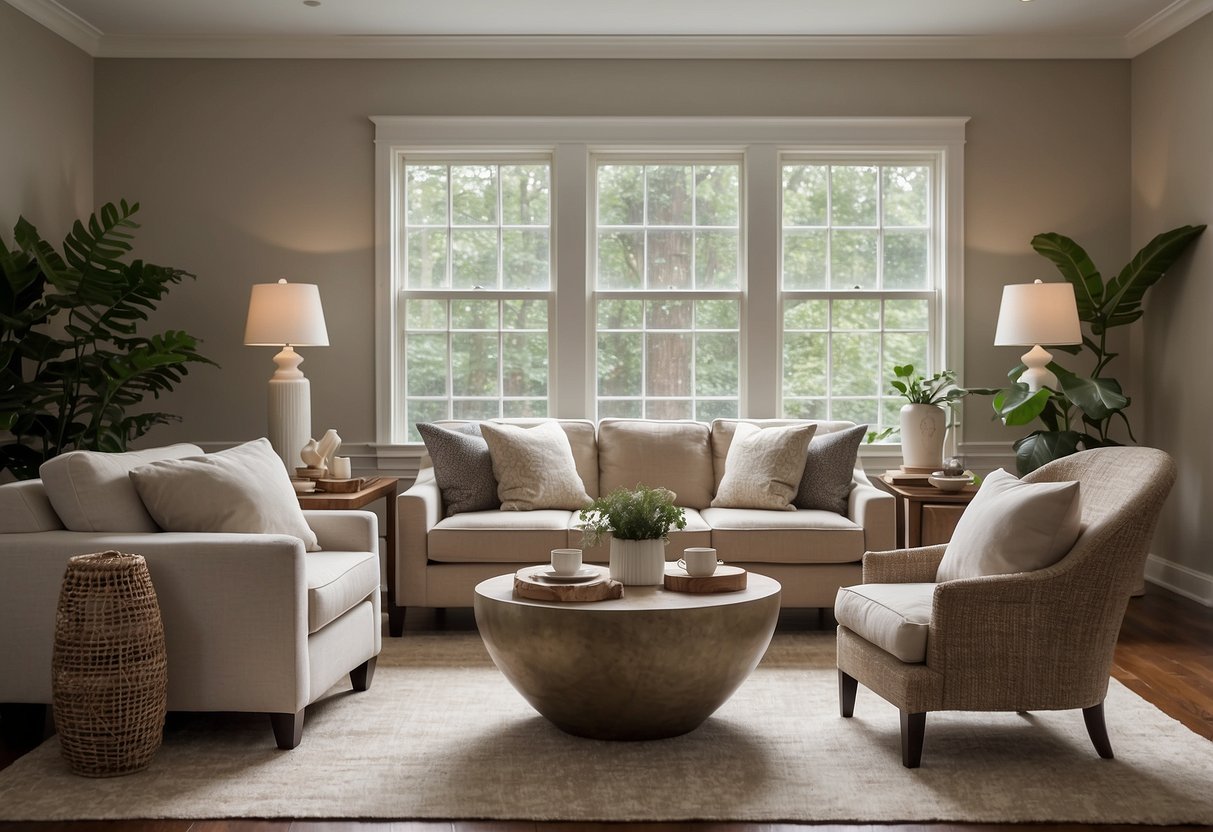 A living room with a neutral color palette, a cozy sofa, and matching armchairs arranged around a coffee table. A large area rug anchors the space, and a few decorative accents add visual interest