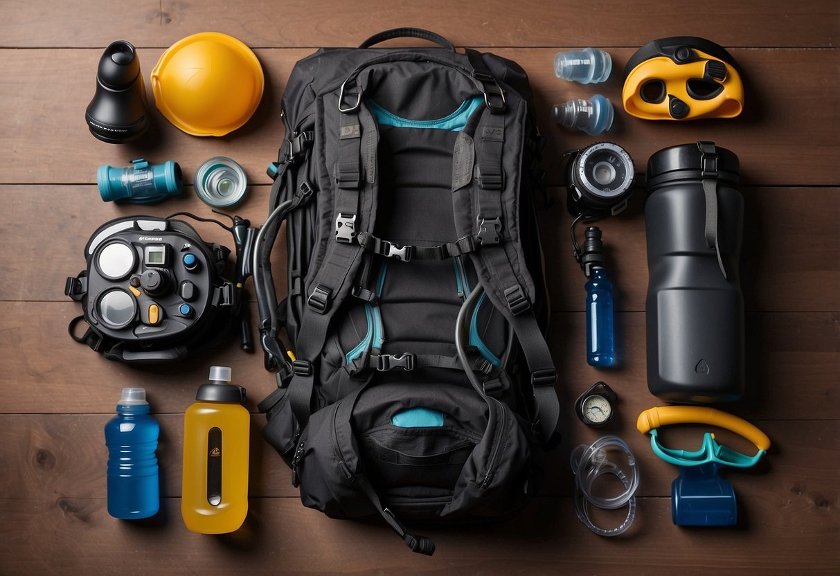 A diver's gear laid out with 5 different hydration systems - including water bottles, hydration packs, and hydration bladders