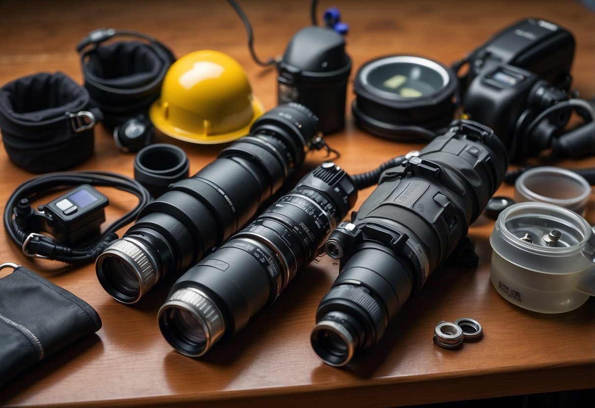 A diver's gear laid out on a table, including hydration systems, diving tanks, and maintenance tools. The equipment is neatly organized and ready for use