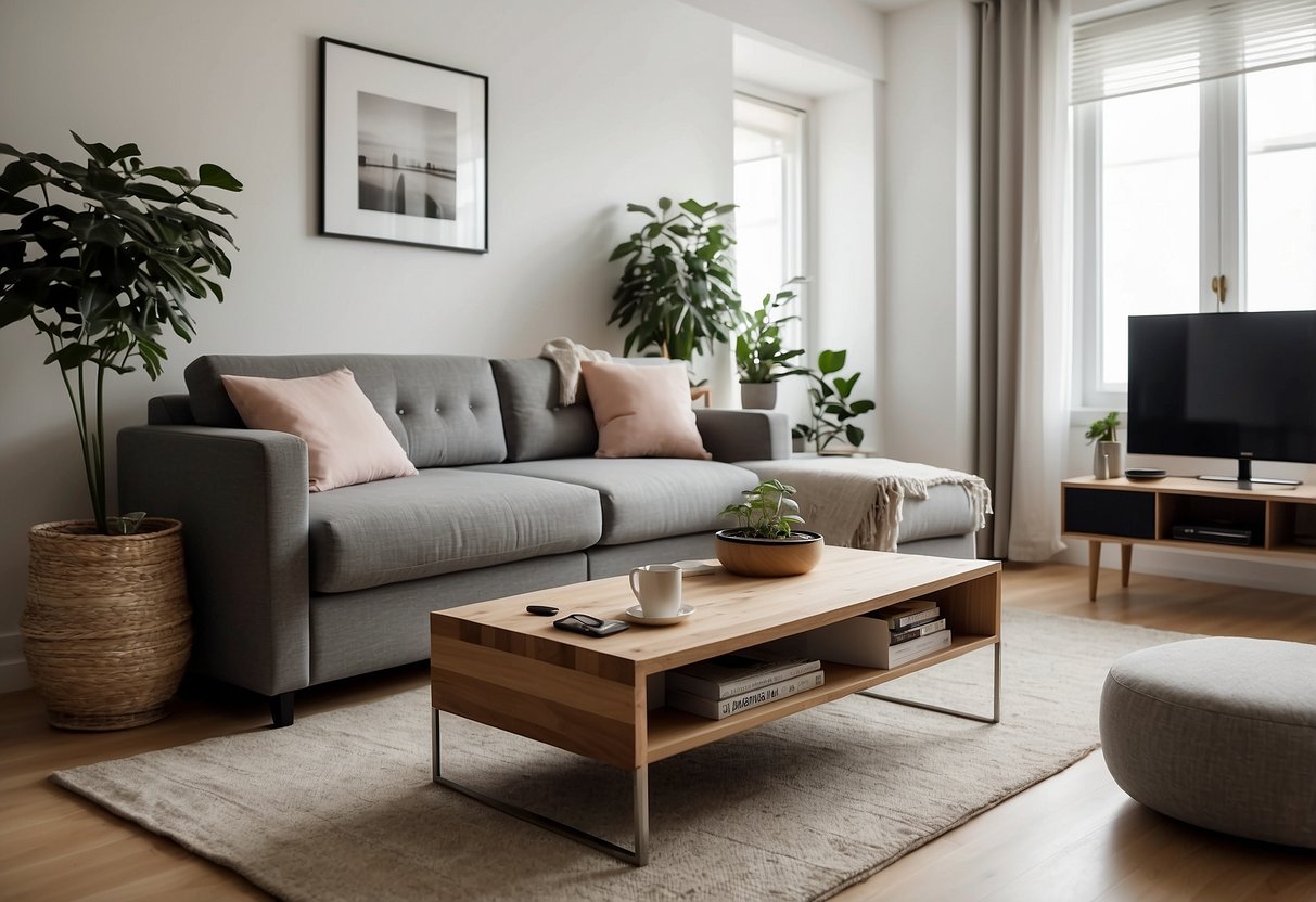 A small living room with a convertible sofa, wall-mounted storage, and a foldable coffee table. The room is bright and airy with cleverly placed furniture to maximize space