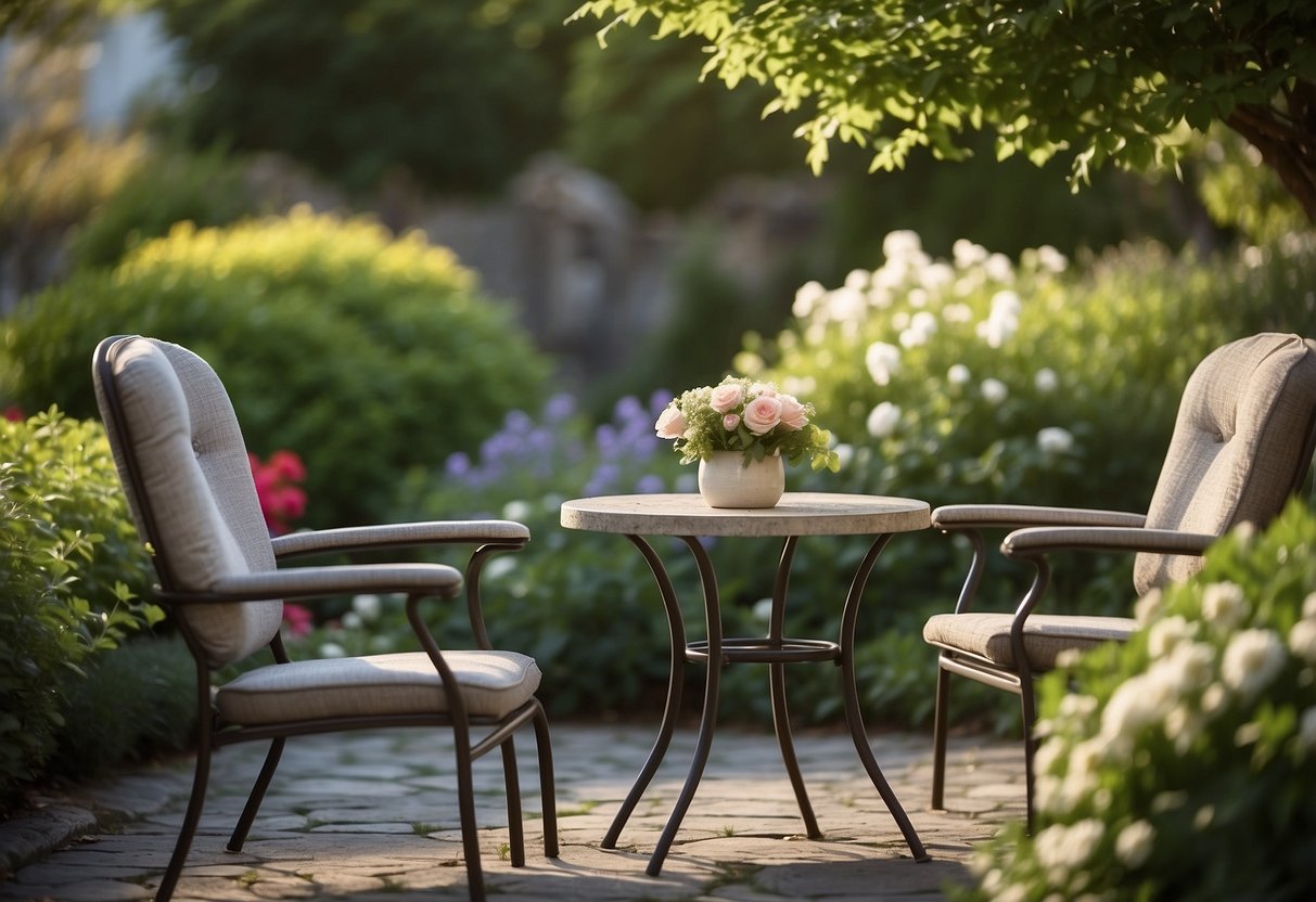 Stone outdoor furniture arranged in a tranquil garden setting. A small table with two chairs, surrounded by lush greenery and blooming flowers