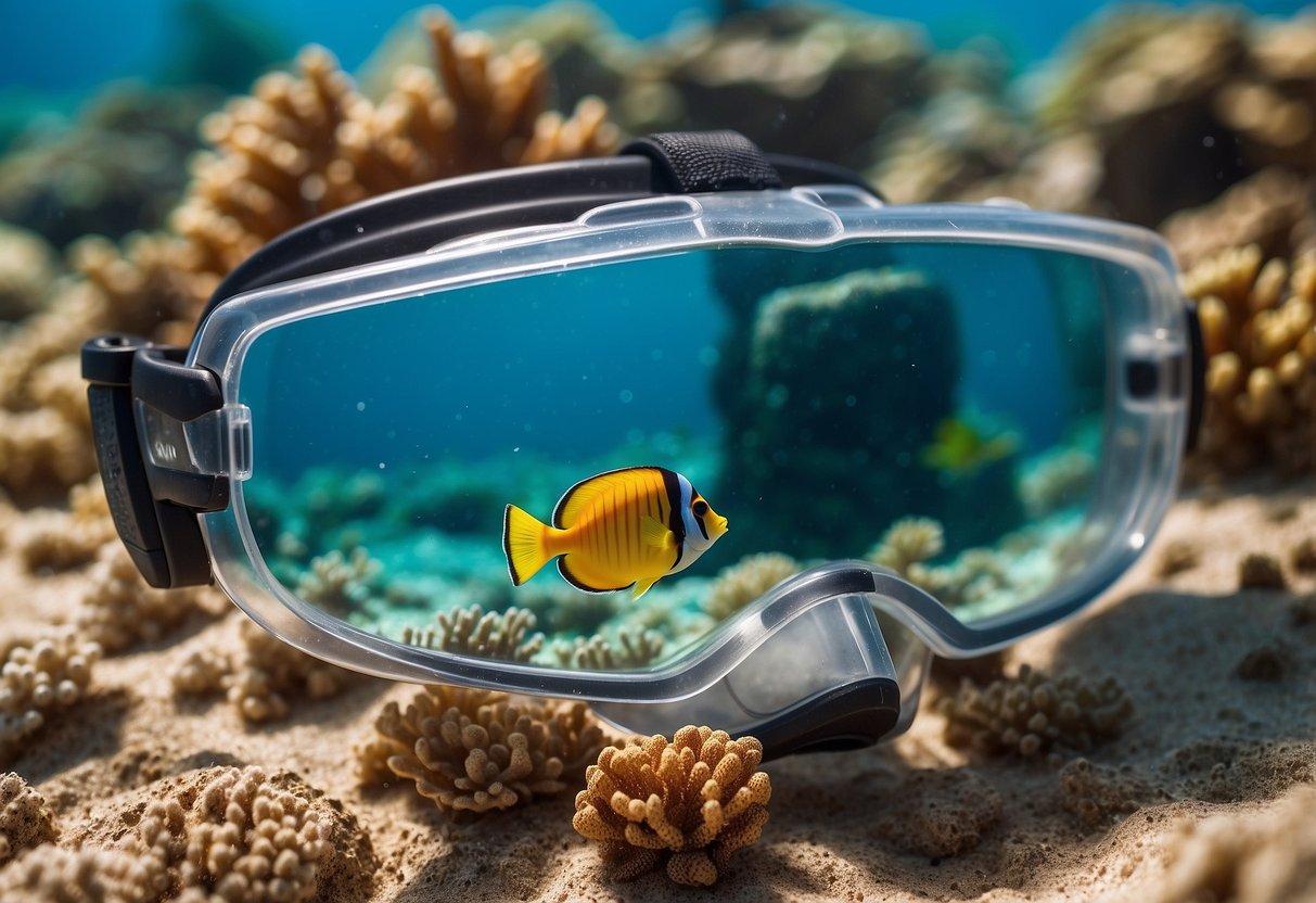 Crystal clear water with colorful coral reefs and tropical fish. Snorkel, mask, fins, sunscreen, and waterproof camera laid out on a sandy beach towel