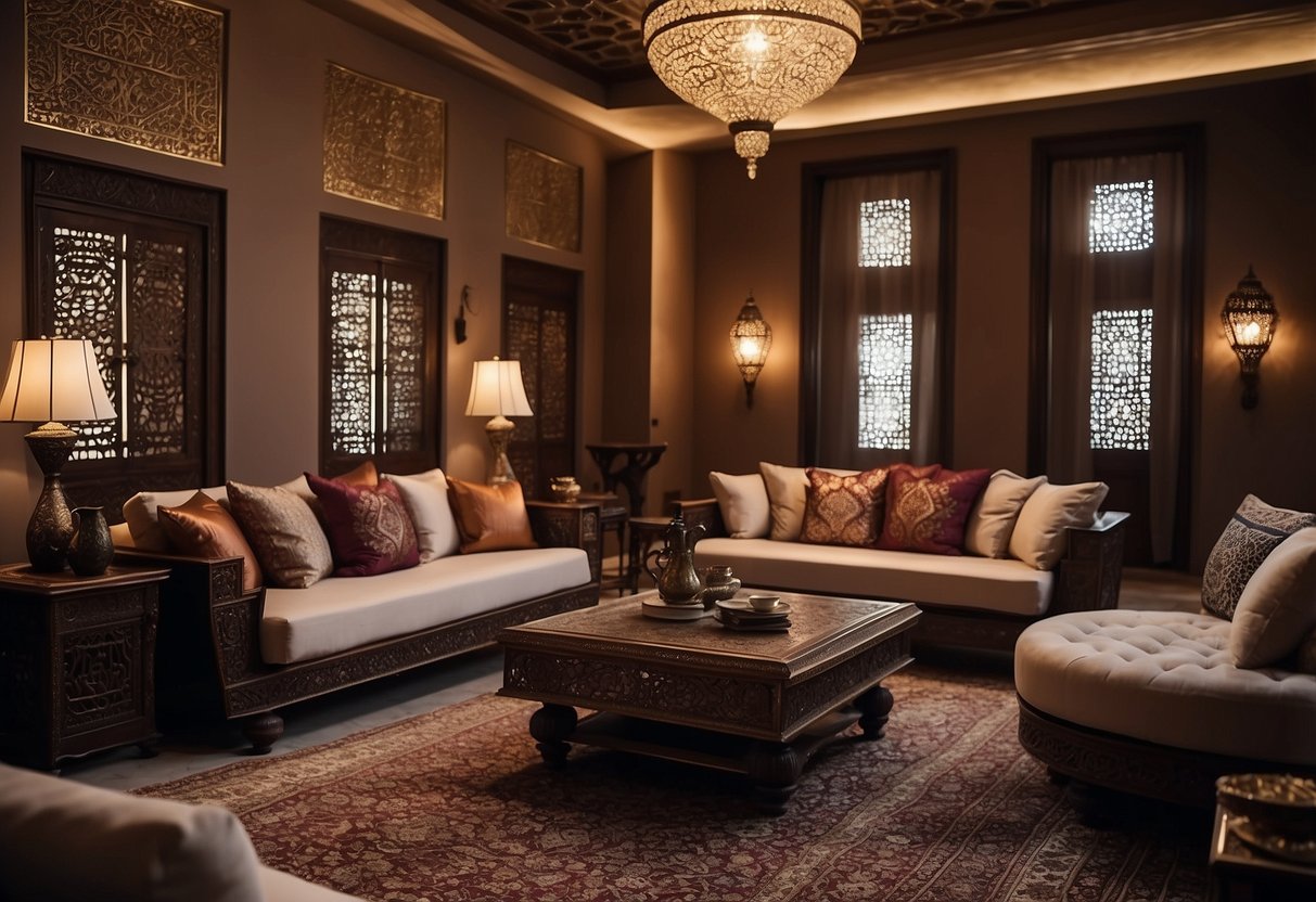A majlis room with traditional Arabian furniture, including low sofas, floor cushions, and ornate coffee tables. Rich colors and intricate patterns adorn the textiles and woodwork