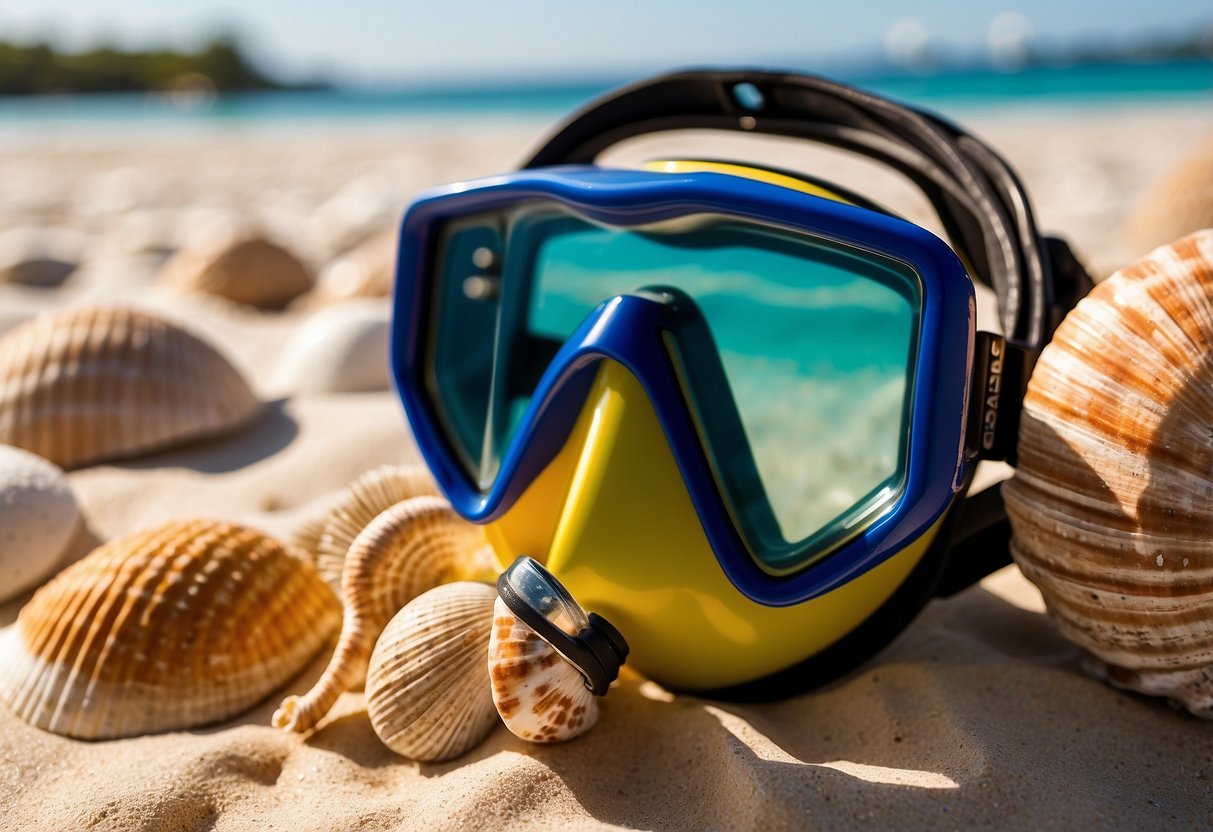 A colorful snorkel set sits on a sandy beach next to crystal clear water, surrounded by seashells and tropical foliage. The sun shines down, casting a warm glow on the gear