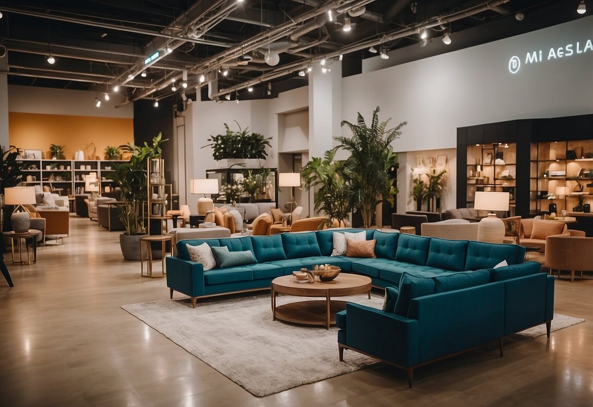 A spacious furniture shop at Midview City, filled with modern and stylish pieces. Bright lighting and neatly arranged displays create an inviting atmosphere for customers