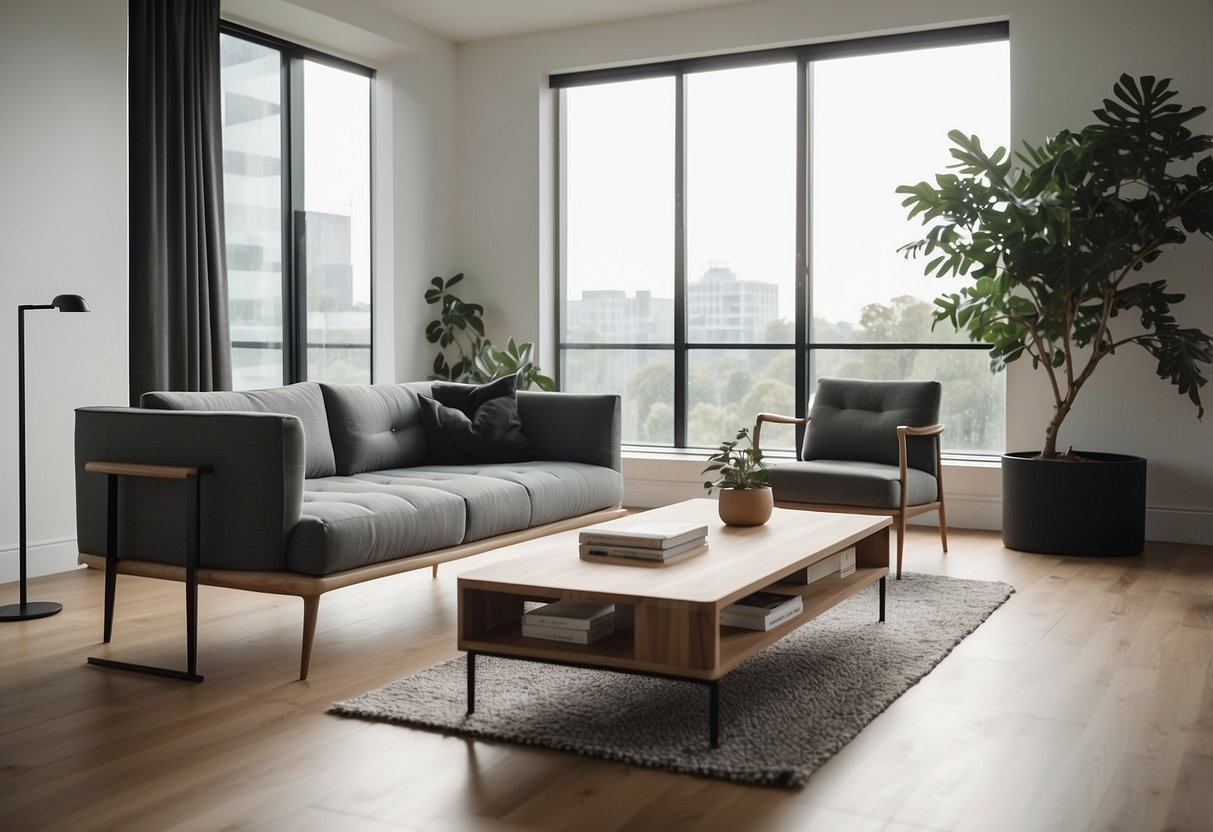 A room with sleek, simple furniture: a low-profile sofa, clean-lined coffee table, and a modern chair. No clutter, just clean lines and minimalism