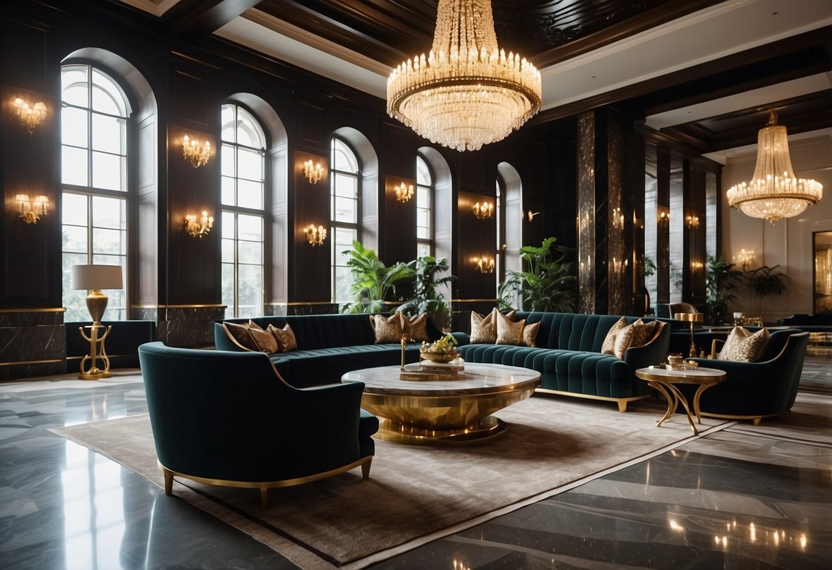 A grand, opulent lobby with plush velvet sofas, marble accents, and sparkling chandeliers. Rich, dark wood furniture and intricate gold detailing exude luxury