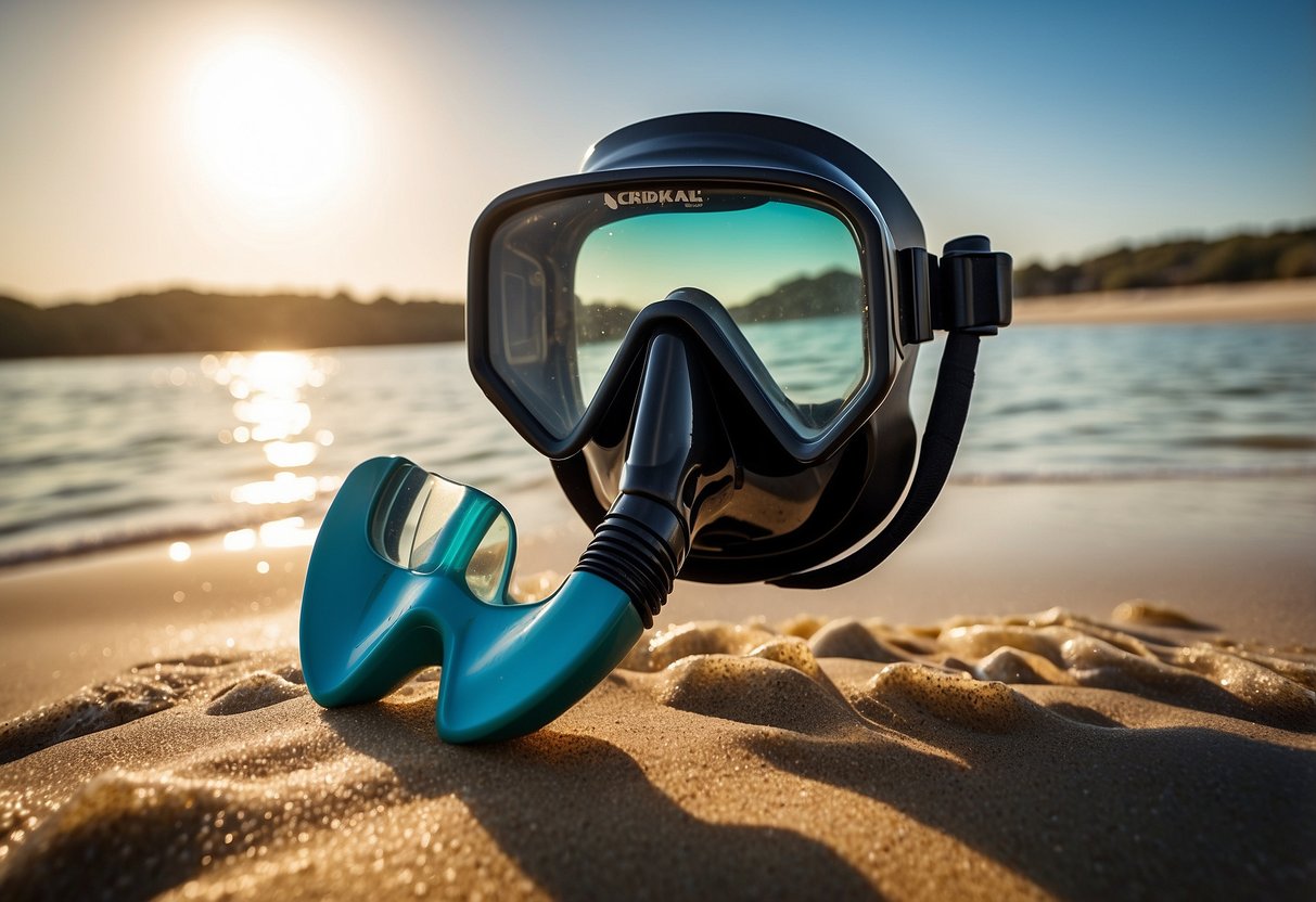 A snorkel with a splash guard and purge valve rests on a sandy beach next to a pair of fins, a mask, and other snorkeling gear