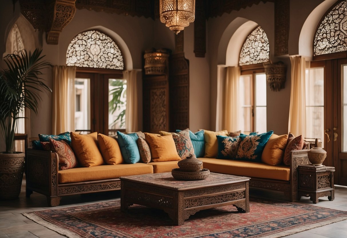 A majlis adorned with colorful cushions and ornate rugs, featuring low-slung seating and intricately carved wooden furniture