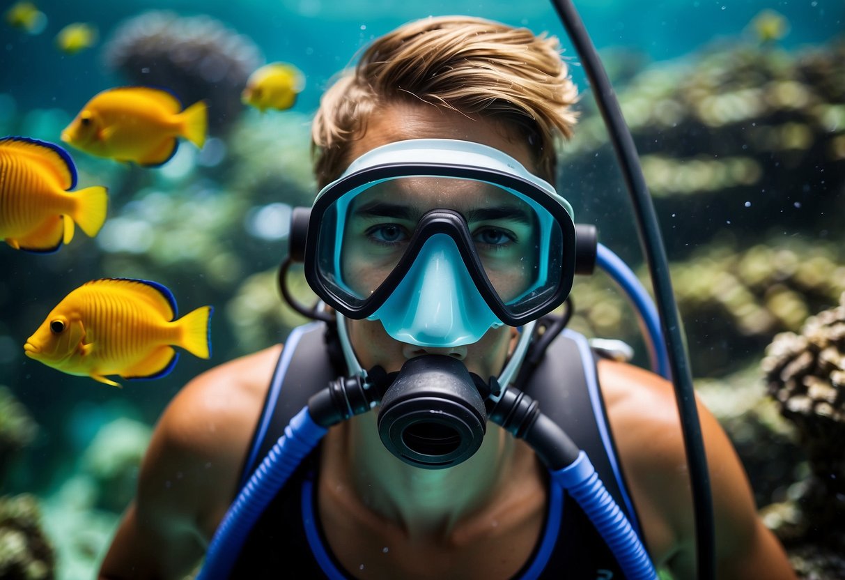 A snorkeler wearing an OMORC Full Face Snorkel Mask explores the vibrant underwater world, surrounded by colorful fish and coral reefs