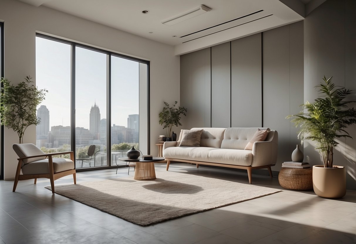 A simple, clean room with sleek, unadorned furniture. Straight lines, geometric shapes, and neutral colors dominate the space