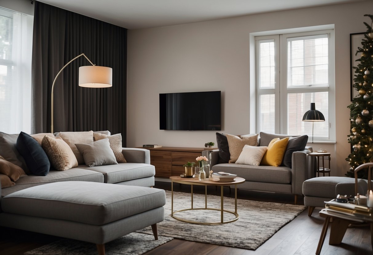 A small living room with multi-functional furniture, like a sofa bed and nesting tables, arranged to maximize space. A large mirror on the wall reflects light and creates the illusion of a larger room