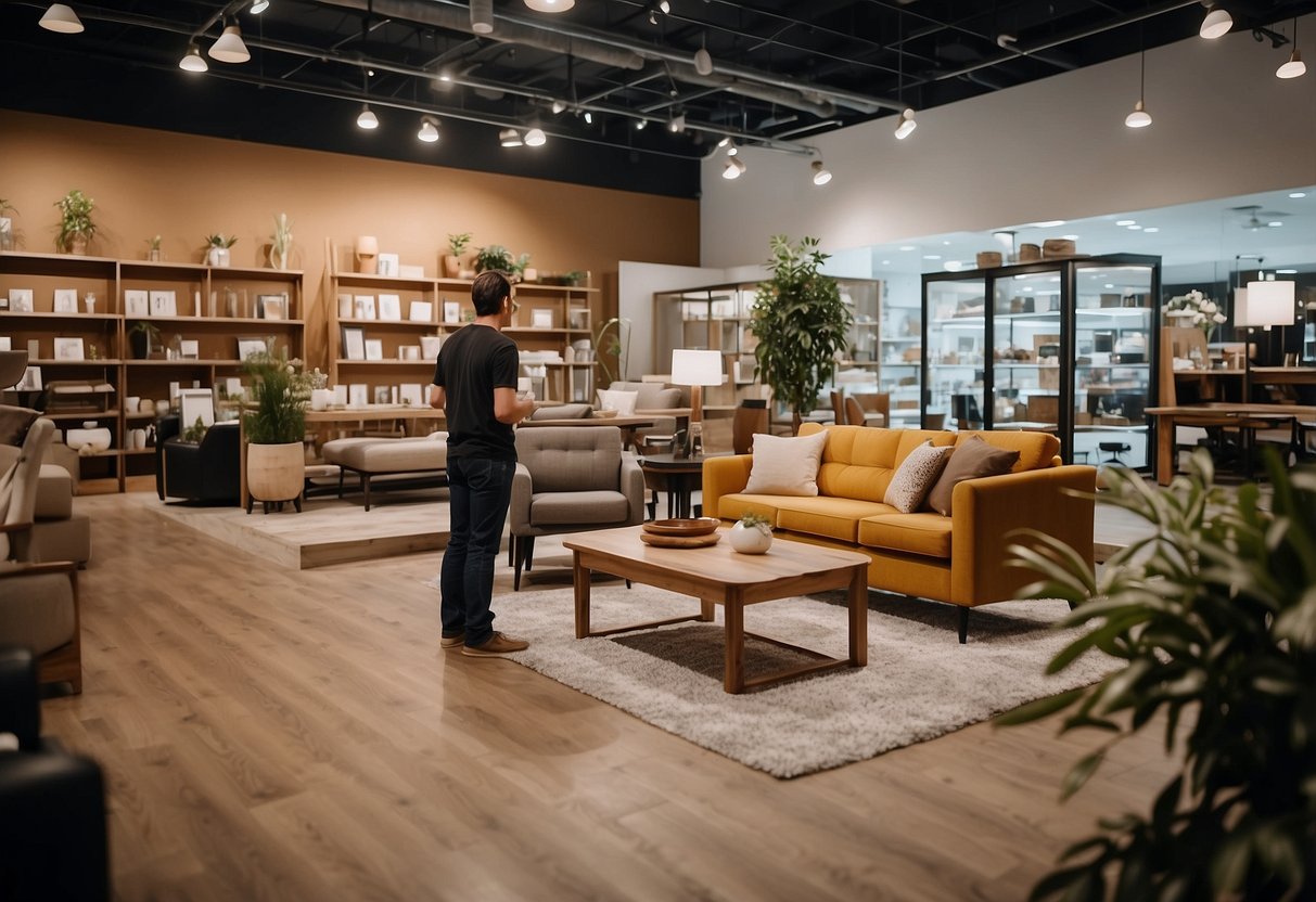 A spacious and well-lit furniture shop at Midview City, with neatly arranged displays and a helpful staff member assisting a customer