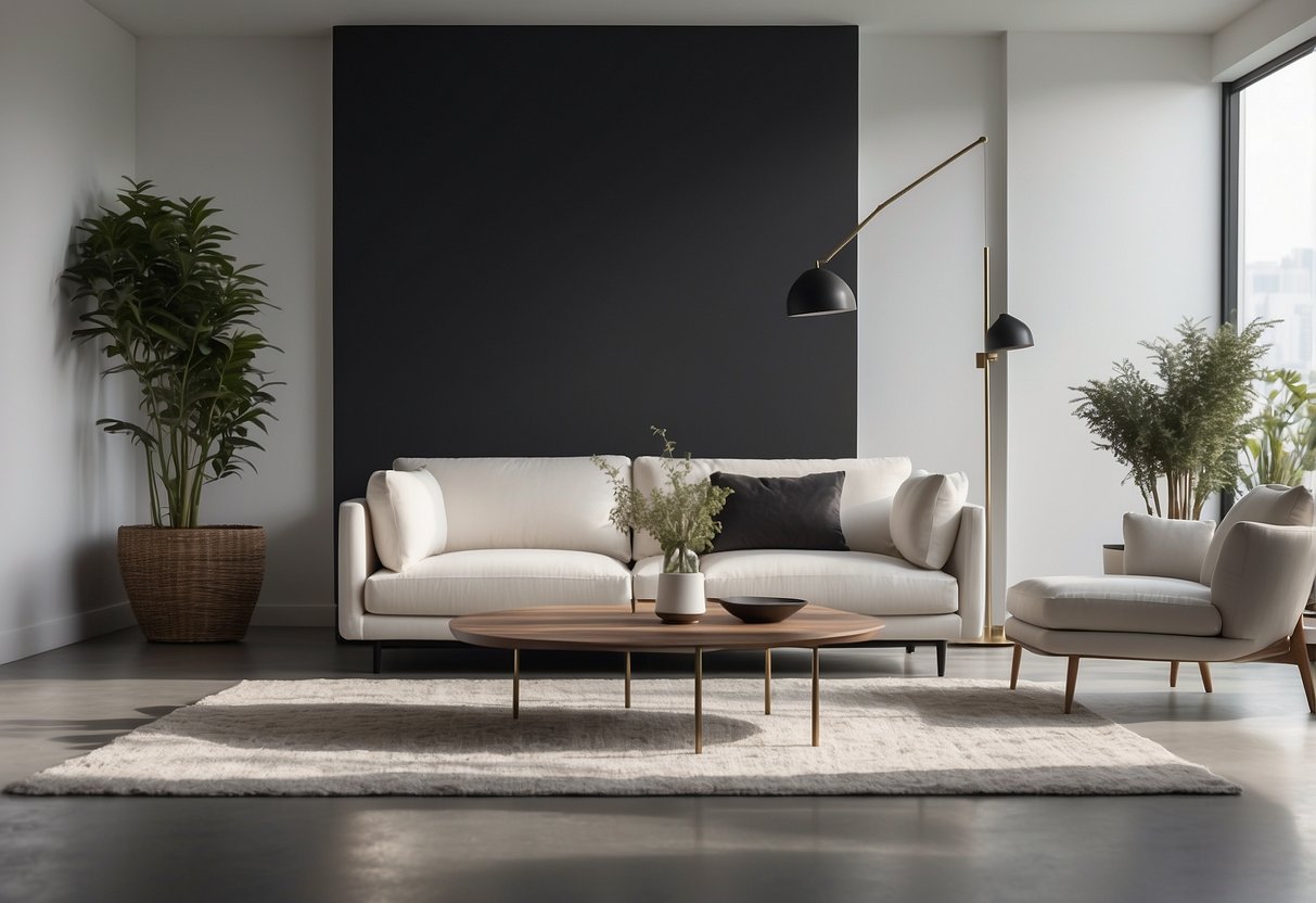 A sleek, white sofa sits against a backdrop of clean, unadorned walls. A simple, low-profile coffee table and a pair of modern chairs complete the minimalist living room