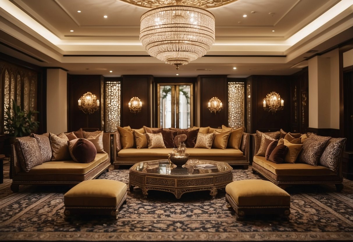 A room filled with elegant majlis furniture, including low-seated sofas, intricately designed coffee tables, and plush floor cushions. Rich, warm colors and ornate patterns adorn the pieces, creating a welcoming and luxurious atmosphere