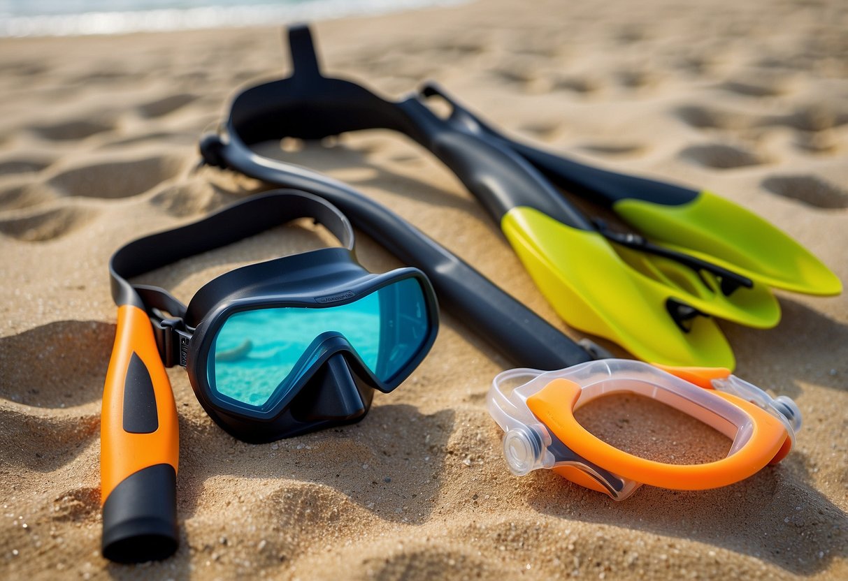 A snorkeling set laid out on a sandy beach: mask, fins, dry snorkel, and other gear items neatly arranged for beginner snorkelers