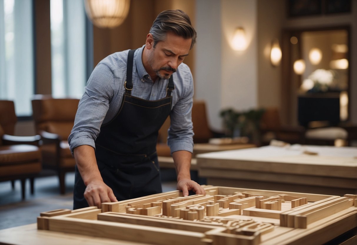 A skilled craftsman carefully constructs elegant hotel furniture with precision and attention to detail. Luxurious materials and expert craftsmanship are evident in every piece