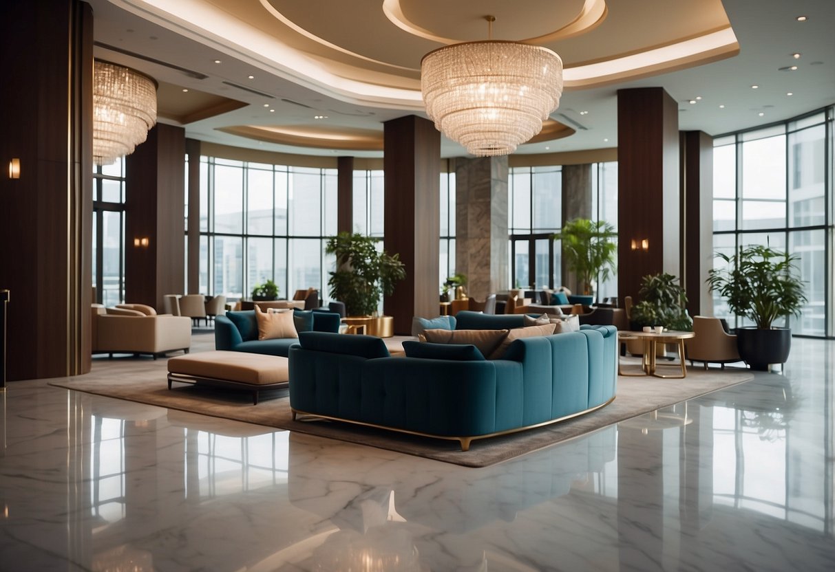 Luxury hotel furniture arranged in a spacious, well-lit lobby with modern design and high-end finishes