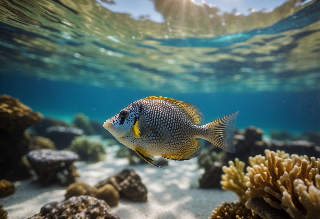 Crystal clear water with vibrant coral reefs and colorful fish. Essential gear items like a snorkel, mask, fins, and underwater camera are laid out on a sandy beach