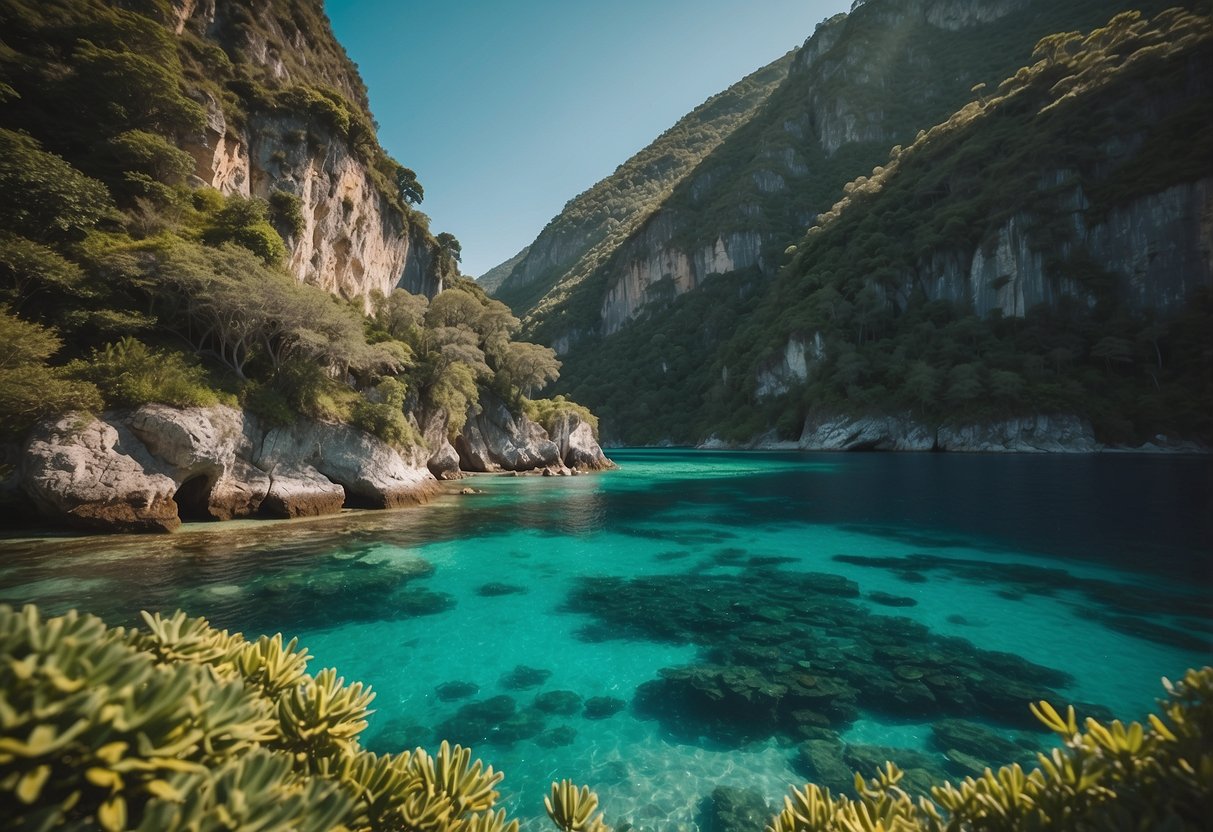 Clear turquoise waters teeming with vibrant marine life, surrounded by lush greenery and towering cliffs in the background