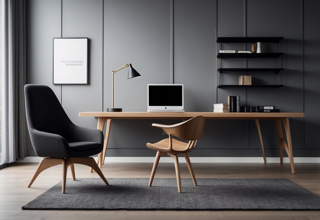A sleek, modern room with clean lines and simple, functional furniture. A bookshelf, a desk, and a chair are arranged in a minimalist style
