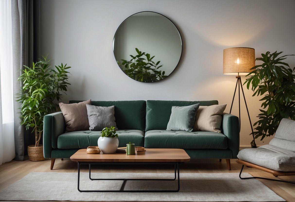A cozy living room with a compact sofa, foldable coffee table, and wall-mounted shelves. A large mirror creates the illusion of space, and a plant adds a touch of greenery