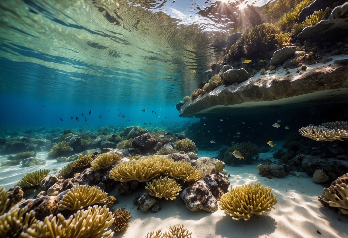 Crystal clear water with colorful coral reefs and schools of fish. Snorkel, mask, and fins laid out on the white sandy beach. Lush greenery surrounds the scene