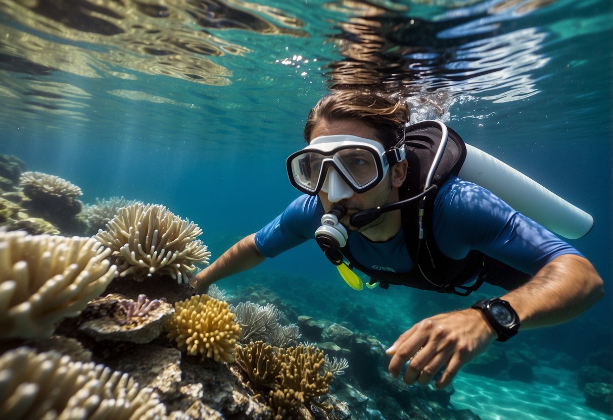 Crystal-clear water reveals colorful coral and marine life. A snorkeler floats effortlessly, using fins to glide through the ocean, while adjusting their mask and breathing calmly through a snorkel