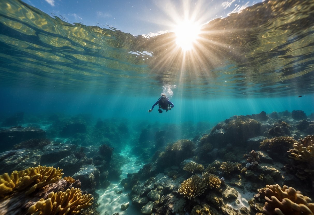 Crystal-clear water ripples gently as a snorkeler hovers effortlessly above a vibrant coral reef. Sunlight dances through the water, illuminating the colorful marine life below. A buoyancy control device rests nearby, as the snorkeler practices perfecting their