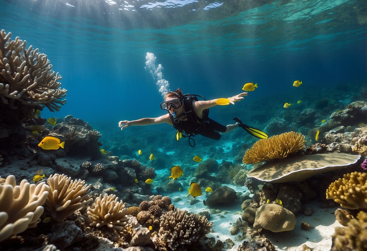 Crystal-clear water, colorful coral, and diverse marine life. A snorkeler glides effortlessly, using proper breathing and fin techniques. The calm and serene atmosphere enhances the feeling of safety and comfort