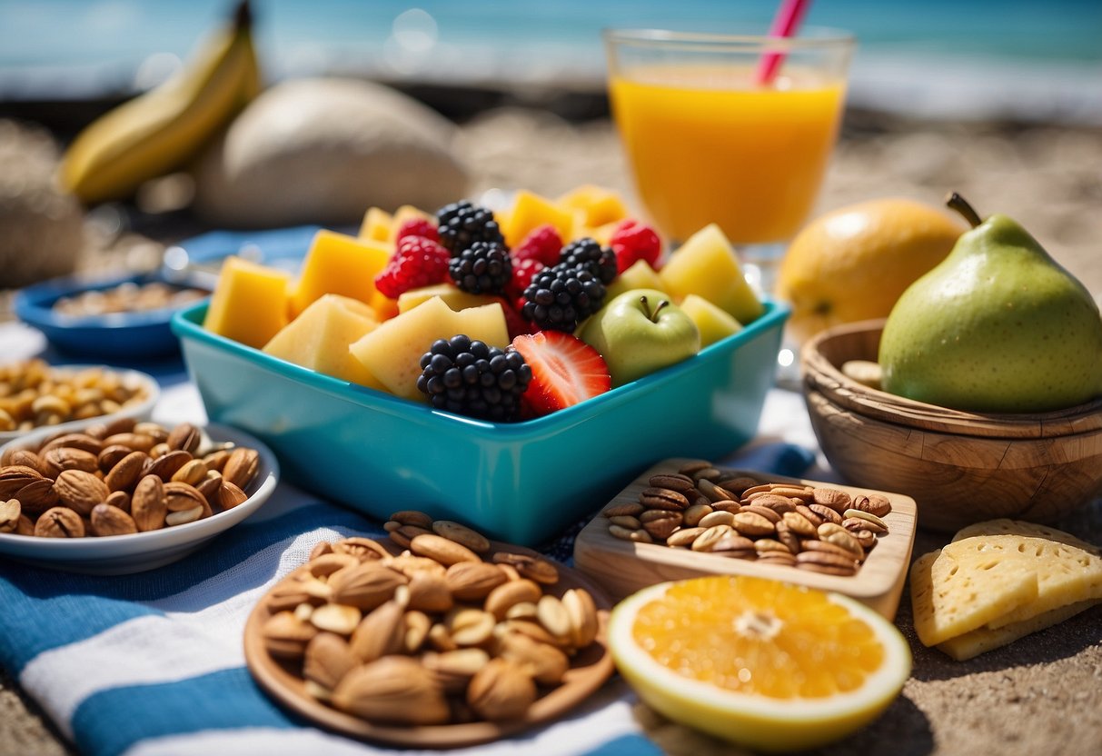 A colorful array of snacks arranged on a beach towel next to a snorkeling gear. Fresh fruit, nuts, and energy bars are neatly displayed for a tropical adventure