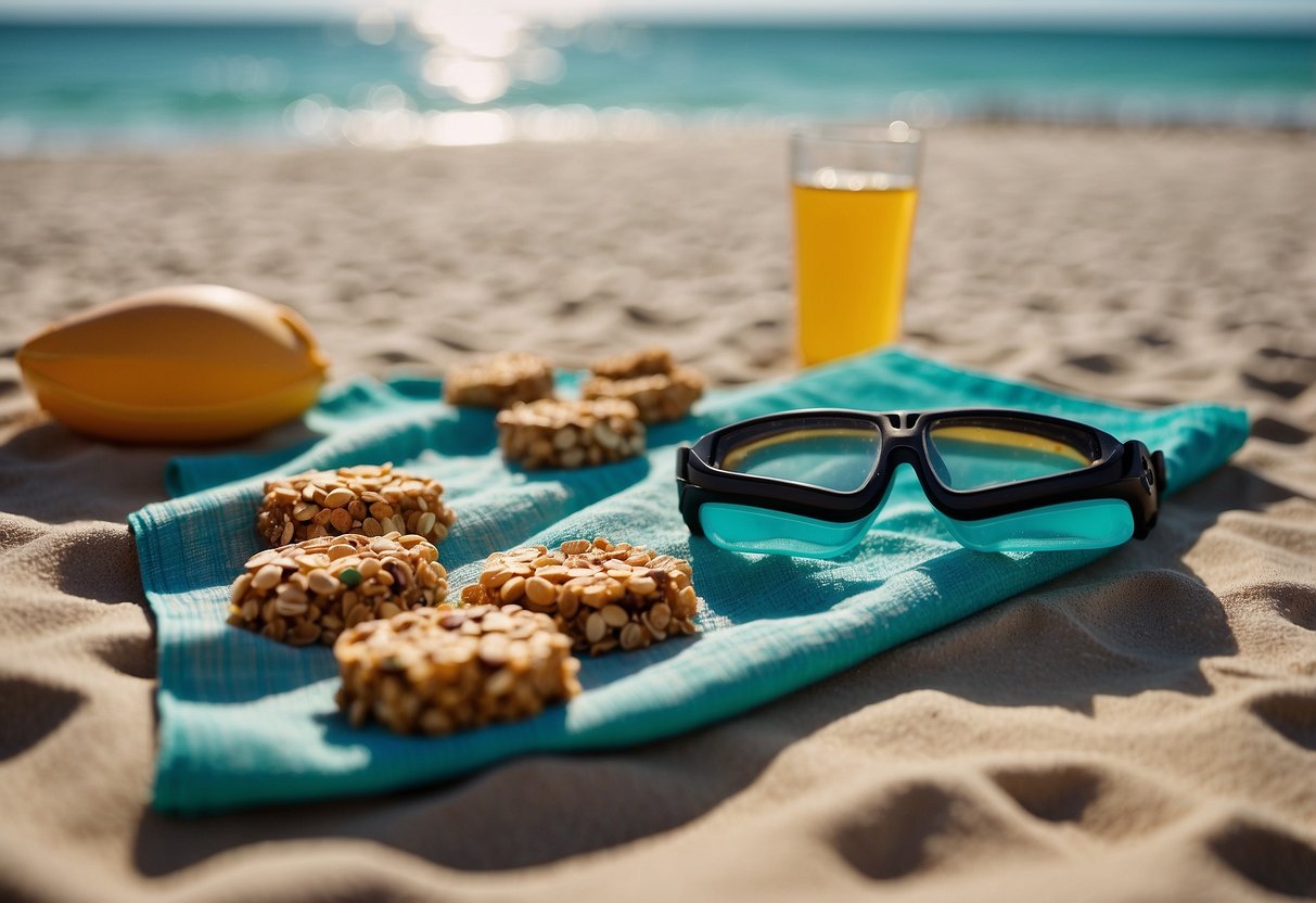 A snorkeling trip scene with Nature Valley Crunchy Granola Bars scattered on a beach towel next to a snorkel mask and fins