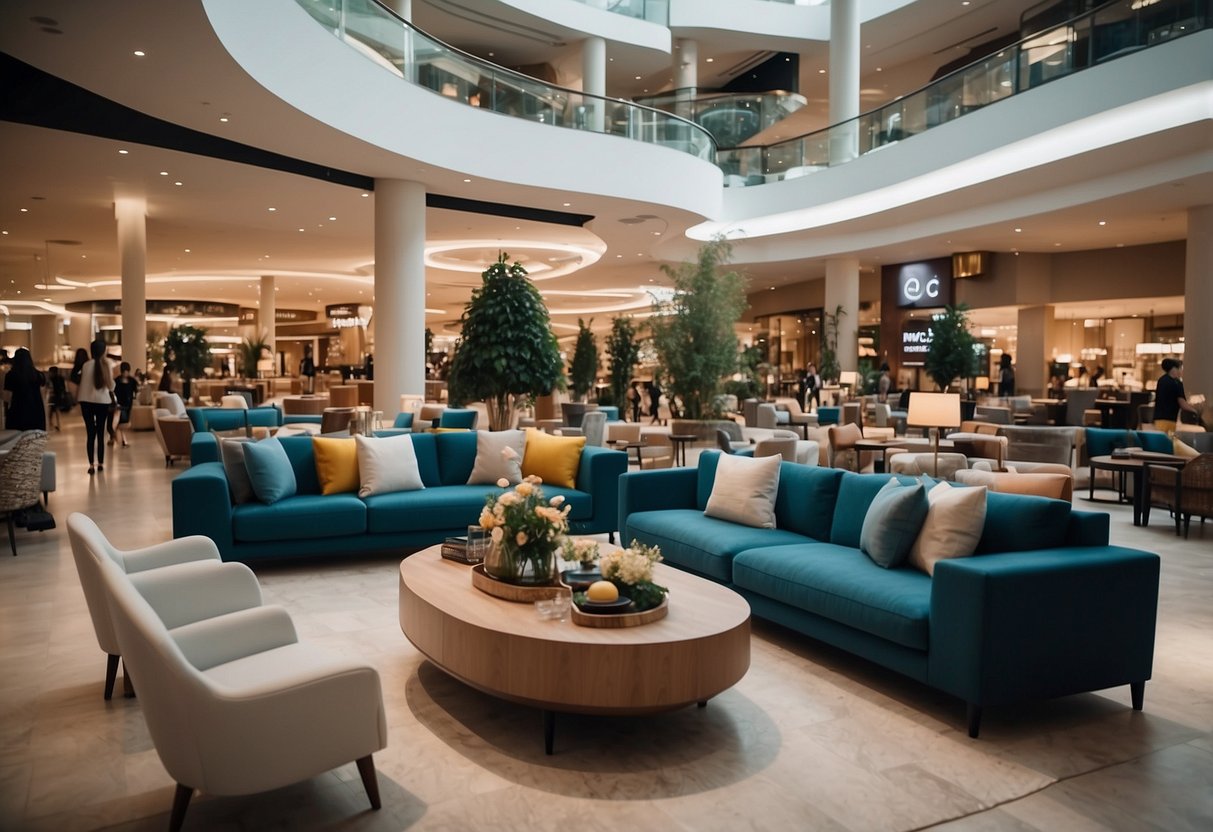 The mobiliyum furniture mall bustles with shoppers exploring modern displays and vibrant decor. Bright lights illuminate sleek sofas and elegant dining sets, creating a lively atmosphere