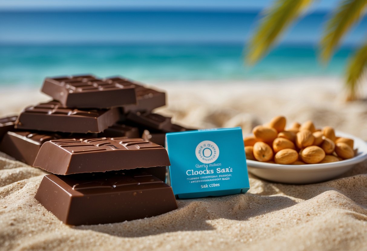 A snorkeling scene with a clear blue ocean, coral reefs, and a sandy beach. A beach bag contains Kind Dark Chocolate Nuts & Sea Salt bars among other snacks