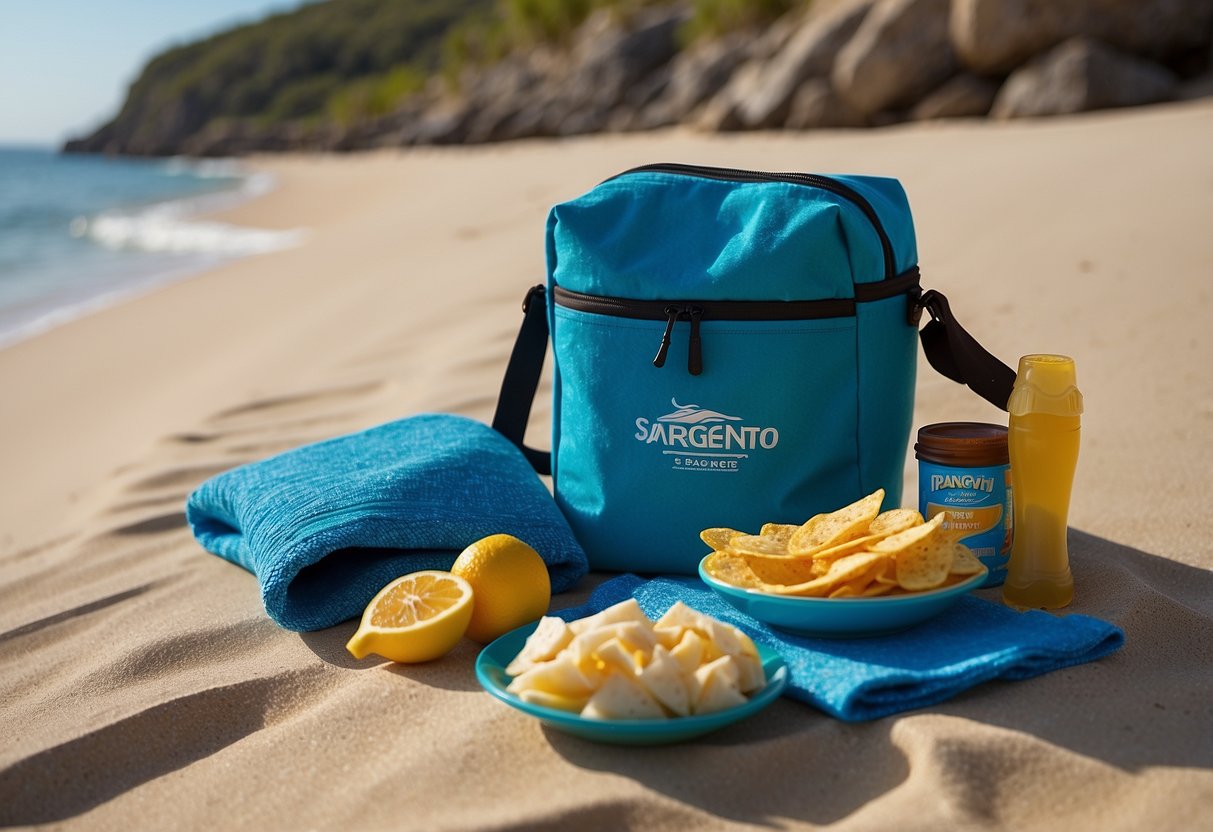 A snorkeling trip scene with Sargento Balanced Breaks Snack Packs displayed on a beach towel next to snorkeling gear and a clear blue ocean in the background