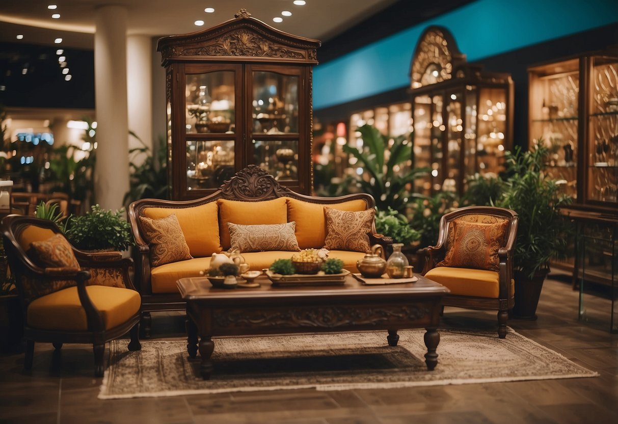 A bustling furniture mall with vibrant displays and intricate designs, showcasing the excellence of Turkish craftsmanship