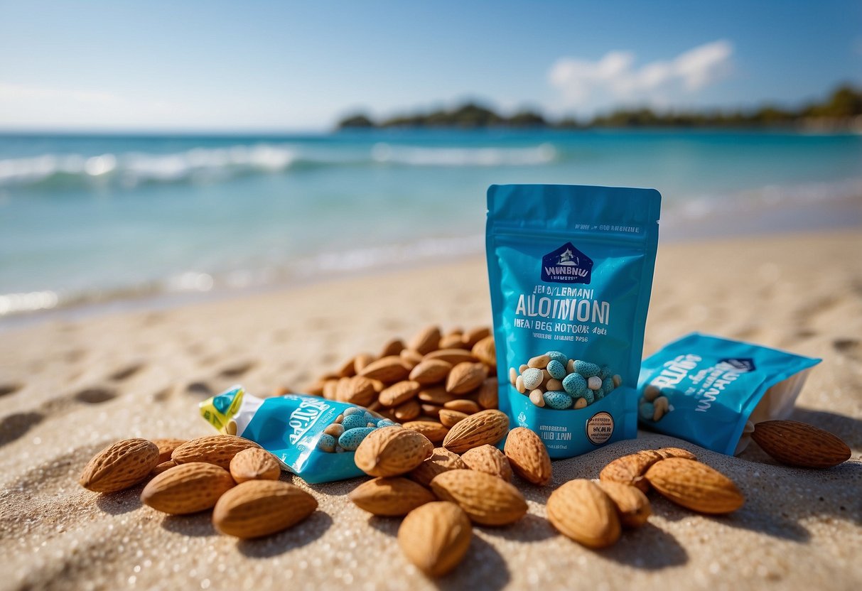 A colorful assortment of Blue Diamond Almonds 100 Calorie Packs scattered on a sandy beach next to a snorkeling gear and a tropical drink