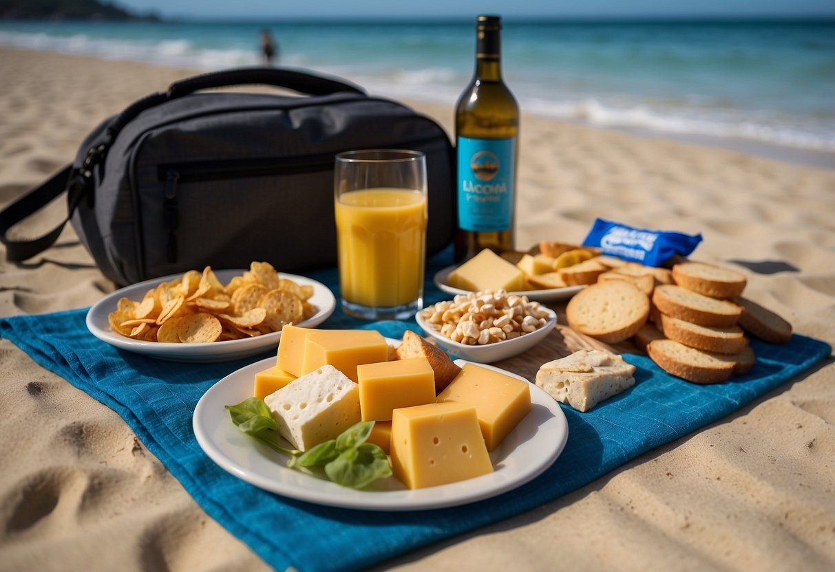 A snorkeling trip scene with a variety of Cheddar Cheese Combos snacks laid out on a beach towel or picnic blanket by the water's edge