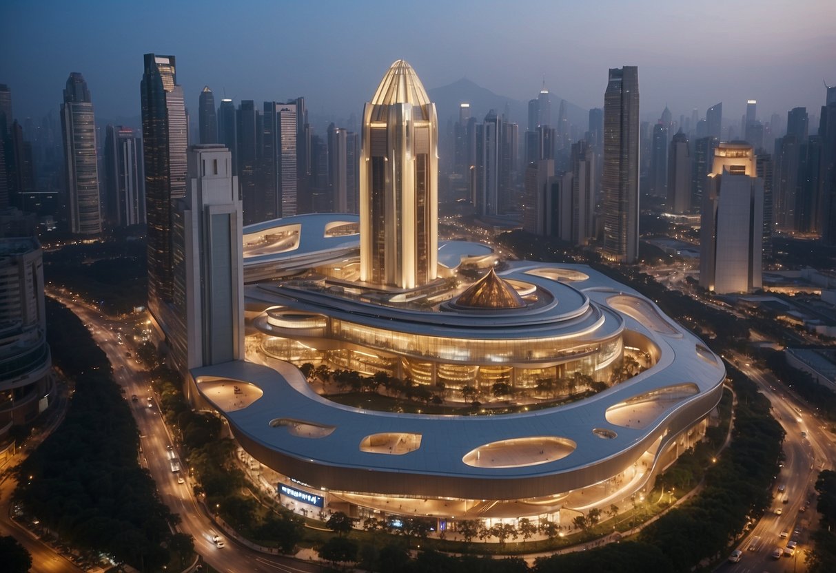 The mobiliyum furniture mall stands tall, surrounded by bustling crowds and towering skyscrapers, symbolizing its global influence and economic impact