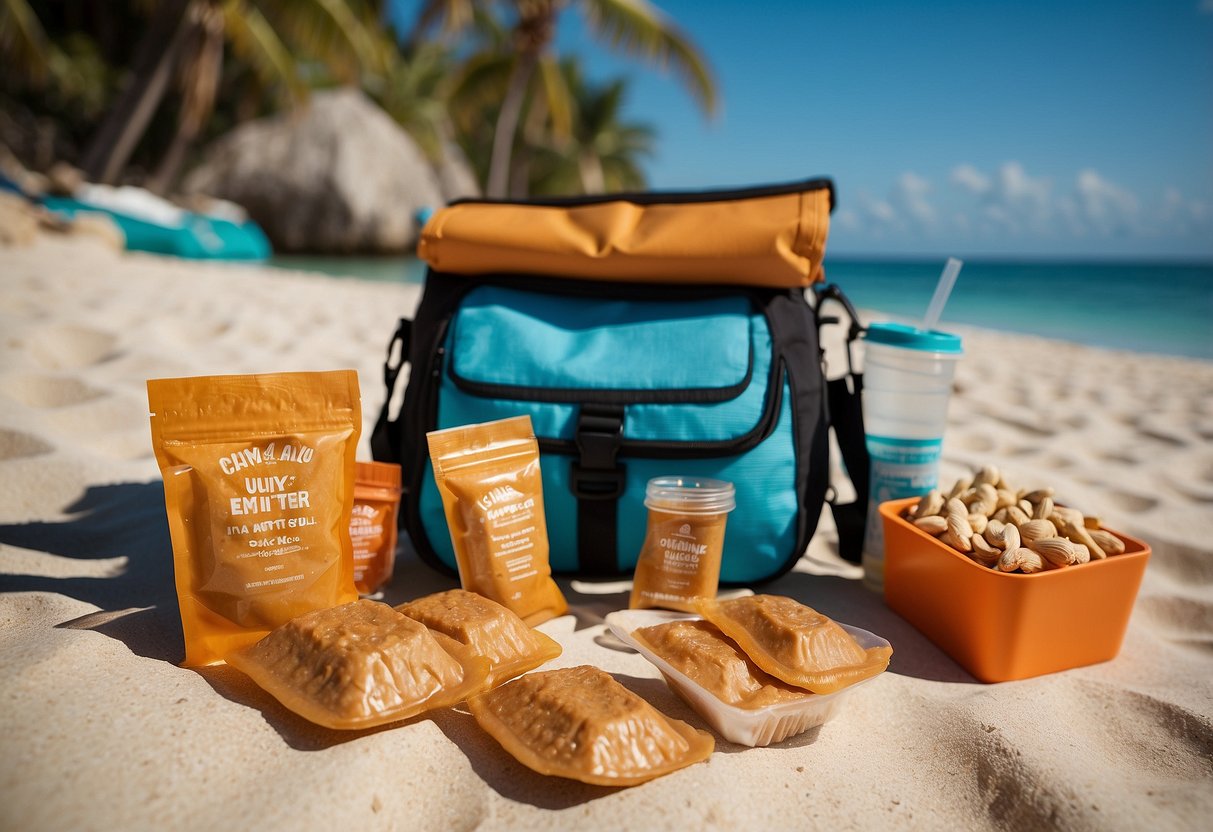 A snorkeling trip with 10 peanut butter squeeze packs in a beach bag