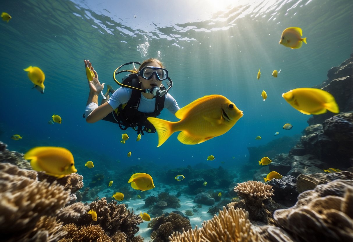 A colorful underwater scene with a snorkeler surrounded by vibrant marine life, holding a Luna Bars Lemon Zest snack in one hand