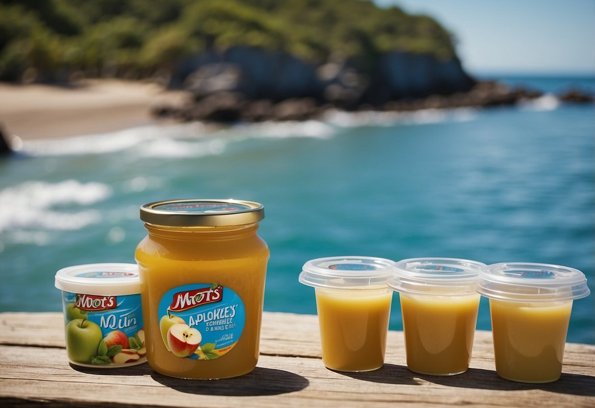 A table with a variety of Mott's Applesauce Cups, surrounded by snorkeling gear and a beach towel, with a clear blue ocean in the background