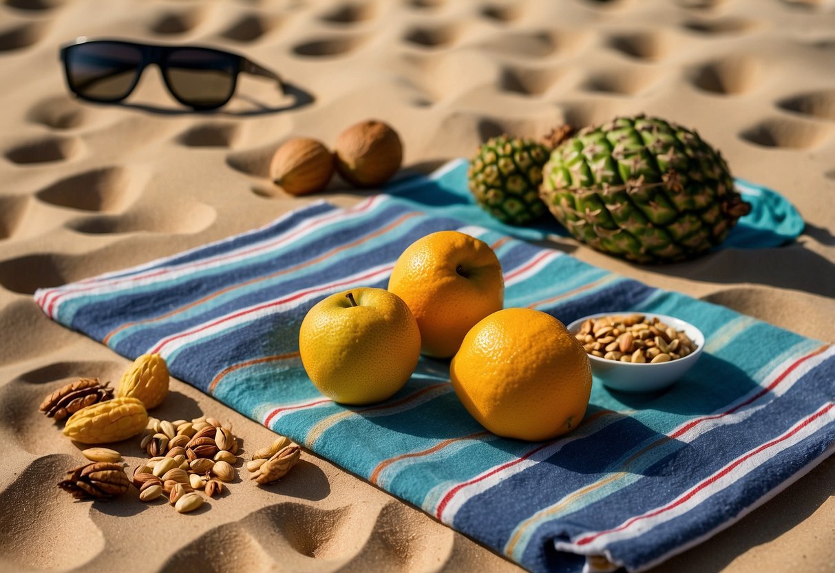 A beach towel spread out on golden sand with a colorful array of fresh fruits, nuts, and granola bars laid out next to a pair of snorkeling gear