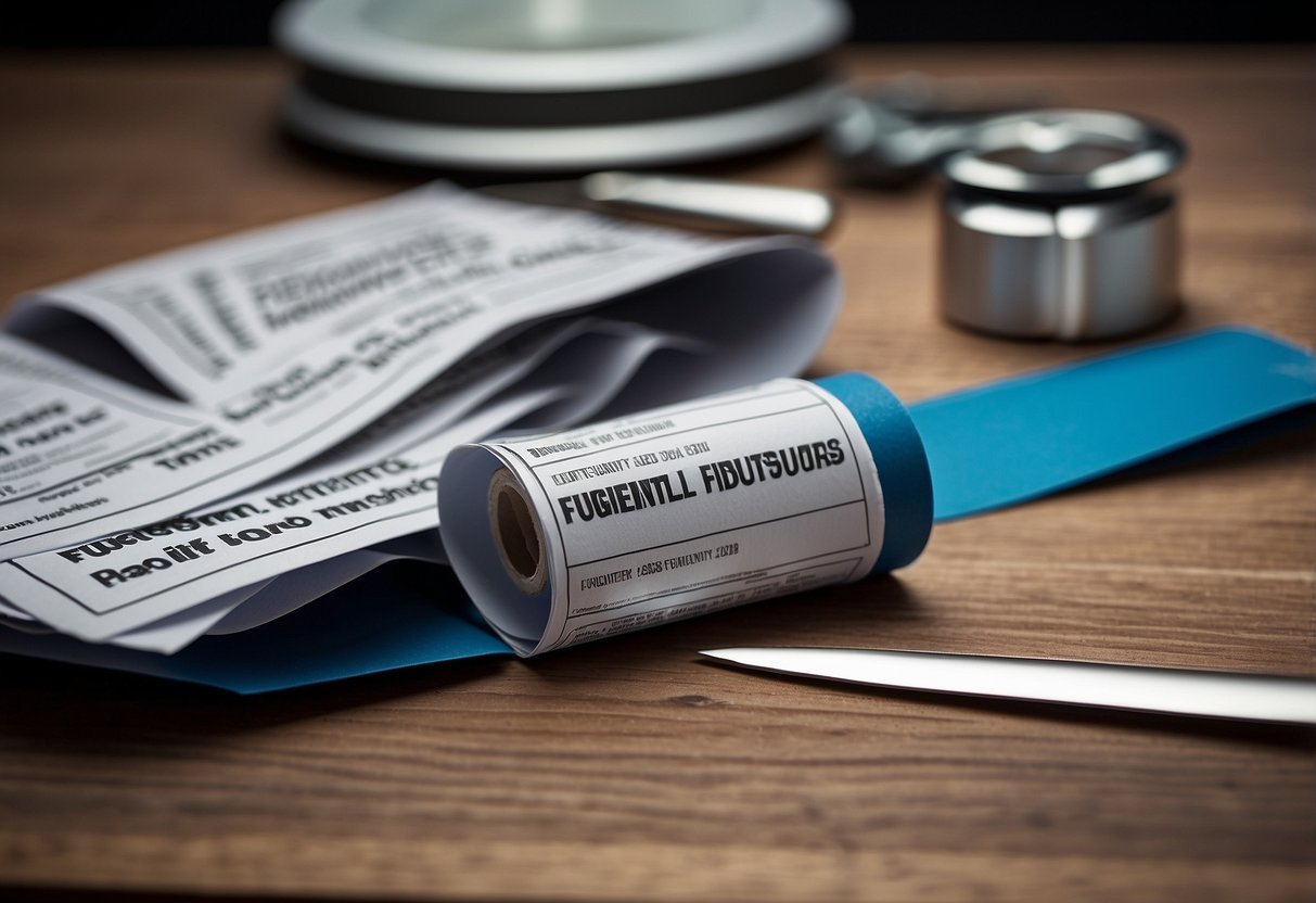 A stack of furniture sticker paper sits on a desk, with a pair of scissors and a roll of tape nearby. The paper features a bold "Frequently Asked Questions" label
