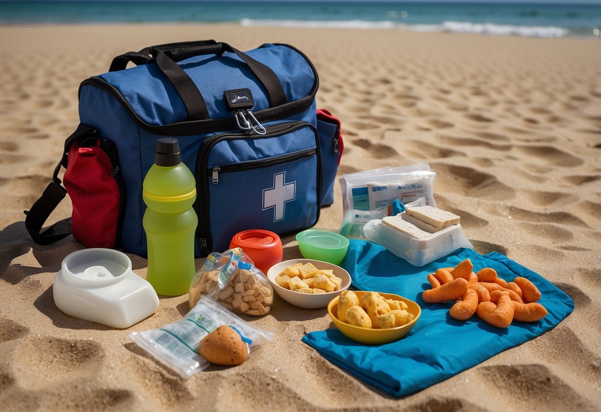 A beach bag sits open on the sand, filled with a variety of snacks and a first aid kit. A snorkel and mask are laid out nearby, ready for use