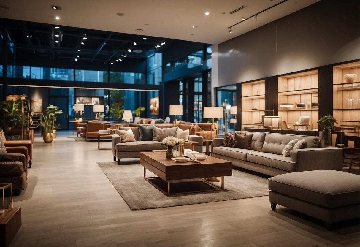 The space furniture store is brightly lit, with sleek, modern designs on display. The doors are open, inviting customers to browse during regular business hours