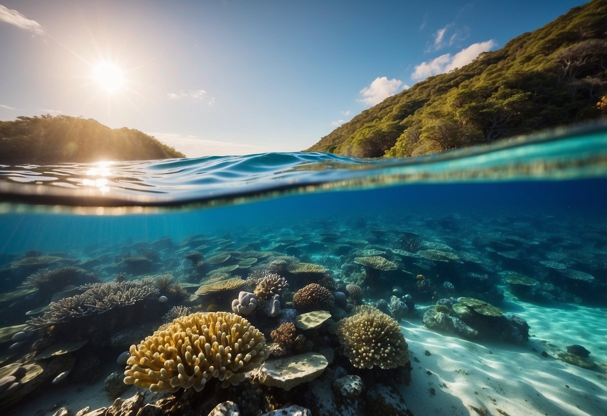 Crystal-clear water, vibrant coral reefs, calm waves, snorkel gear, sun shining, safety buoy nearby, marine life visible, peaceful surroundings